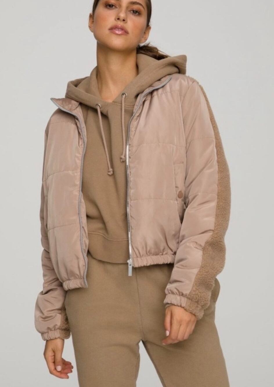 Good American Tan Two Tone Sherpa Jacket Large Zip Up Puffer Coat
